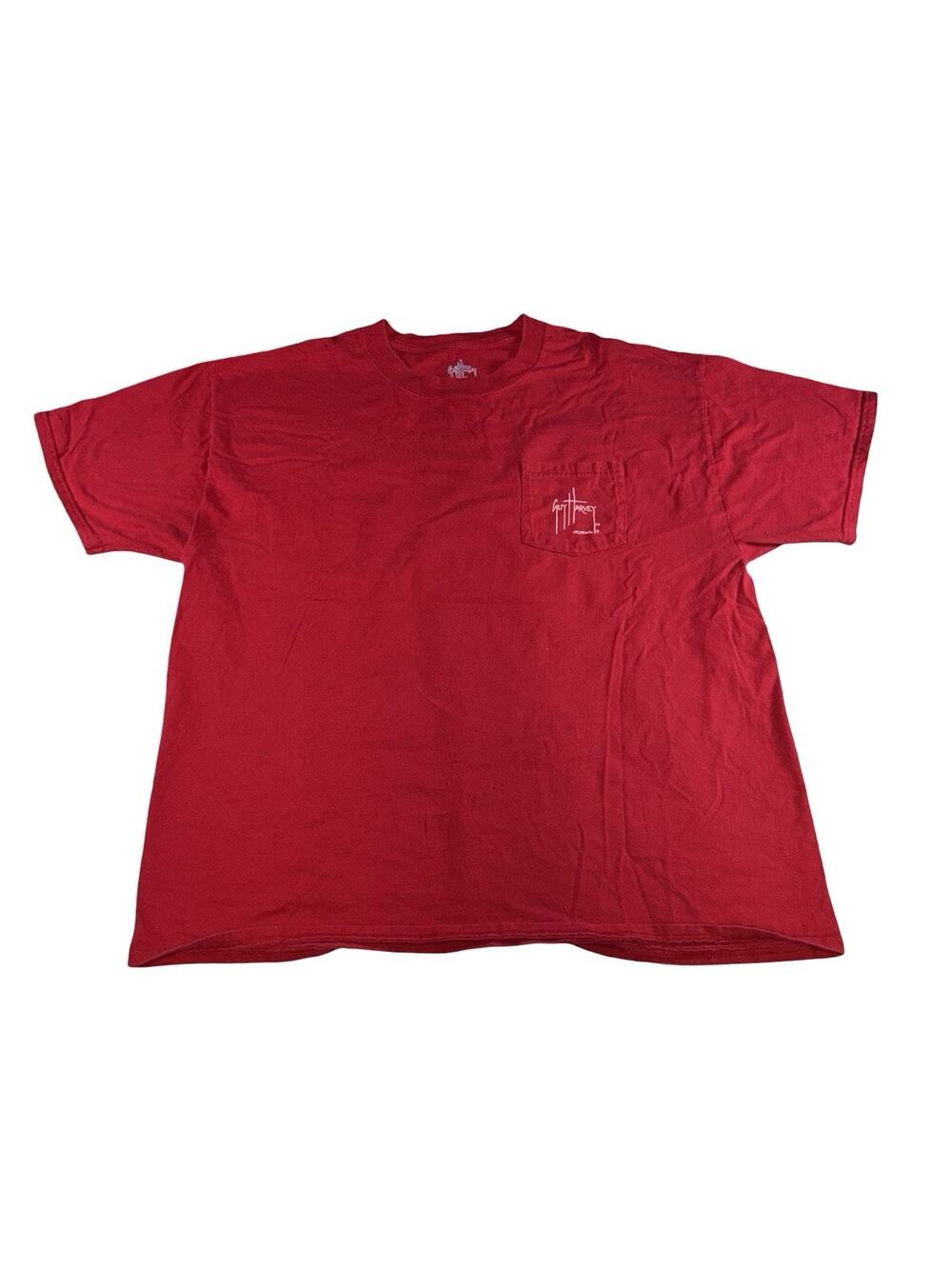 Guy Harvey Men’s XL Red Pocket T-Shirt Fishing Logo Small Pin Hole Back